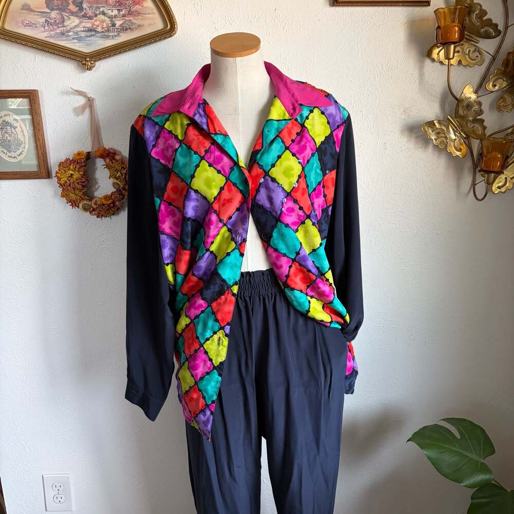 Vintage 100% Silk Sequin Colorblock Blouse and Pants Set L